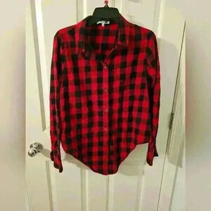 Madewell Womens Shirt XL Red Black Check Long Sleeve Button Up Tie Pocket Knit